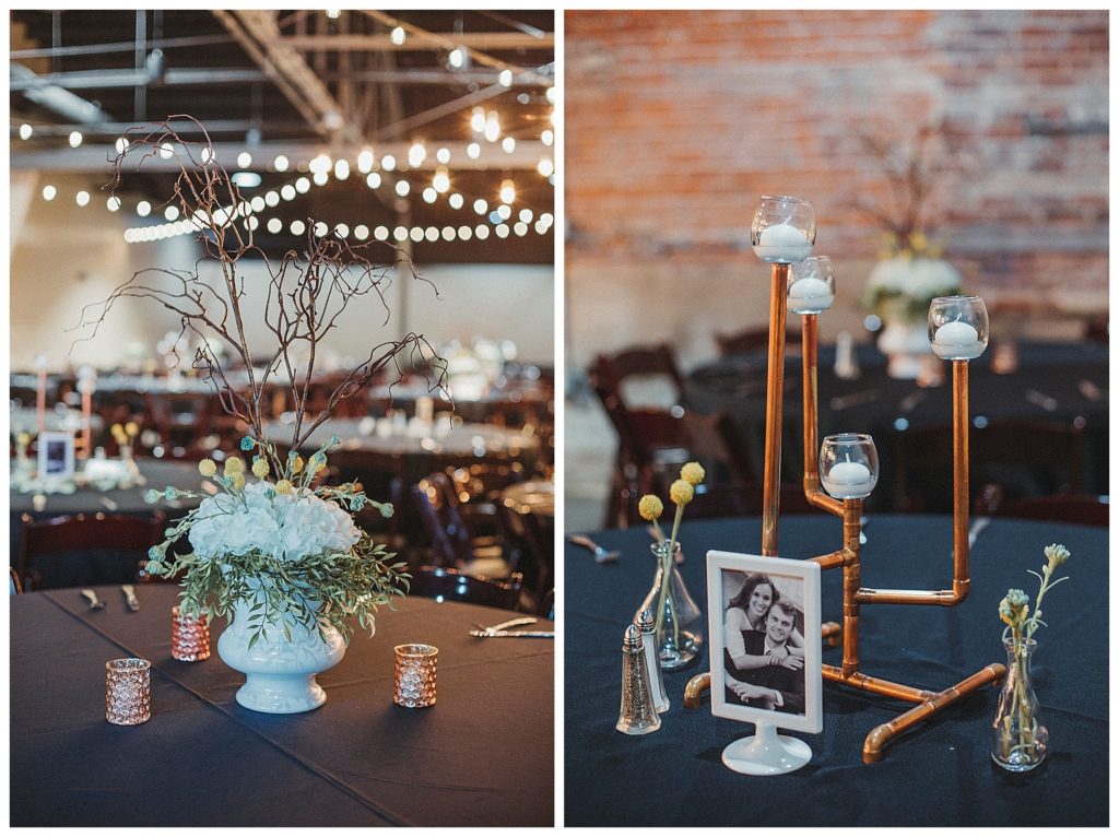 rustic industrial centerpieces at wedding reception