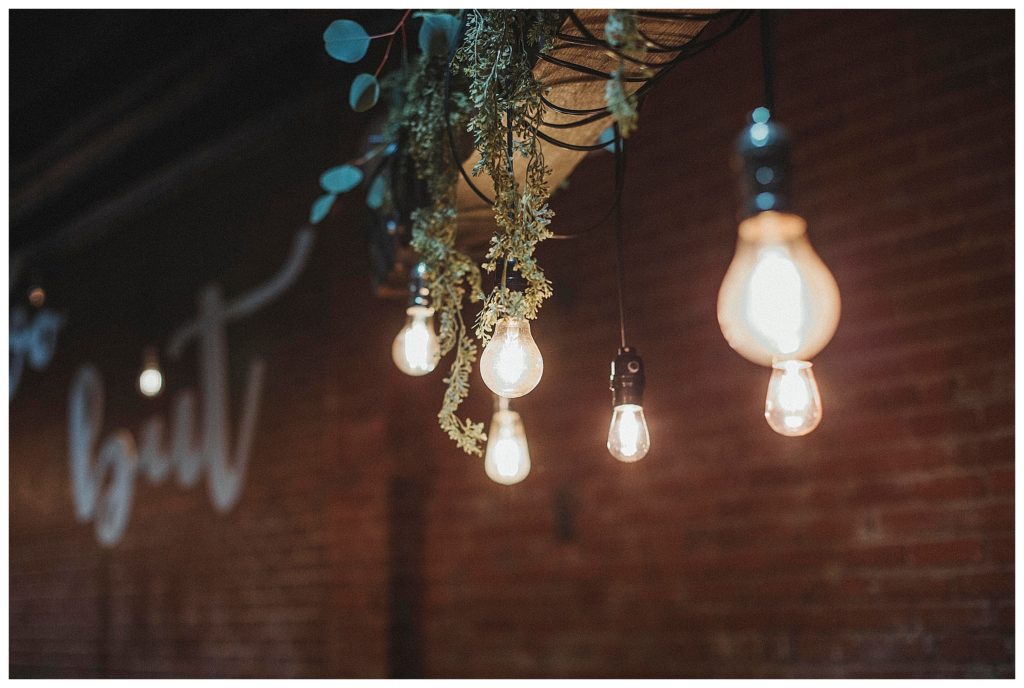 rustic light bulbs at wedding reception