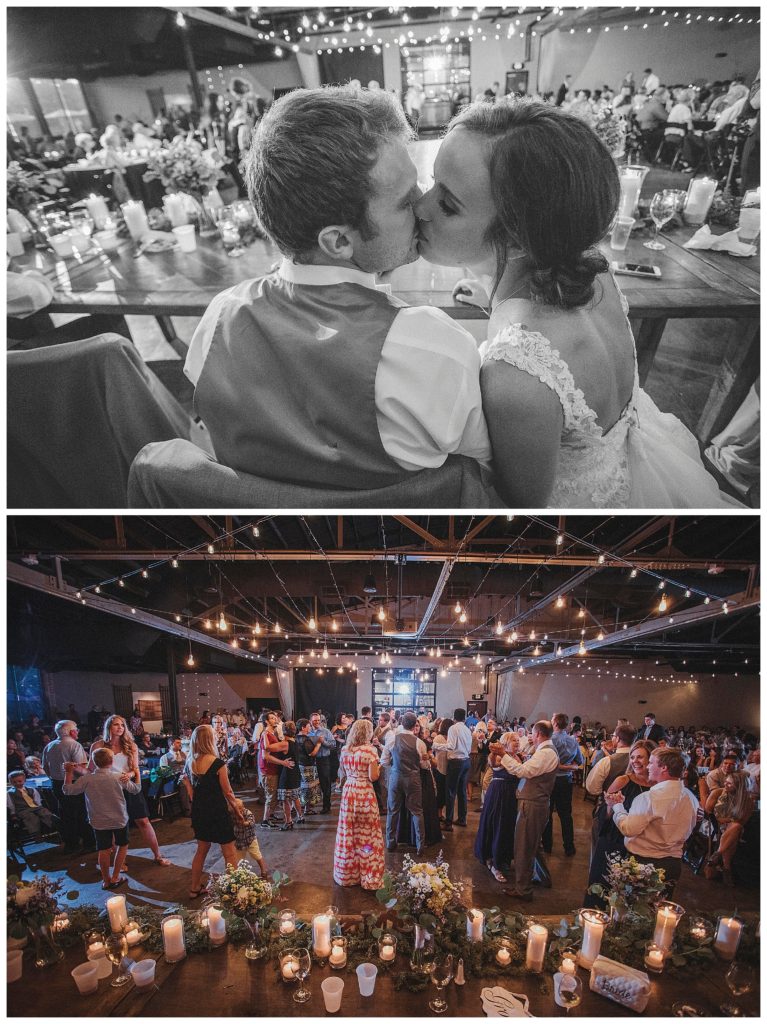 bride and groom kissing at reception