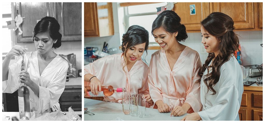 bridesmaids pouring wine