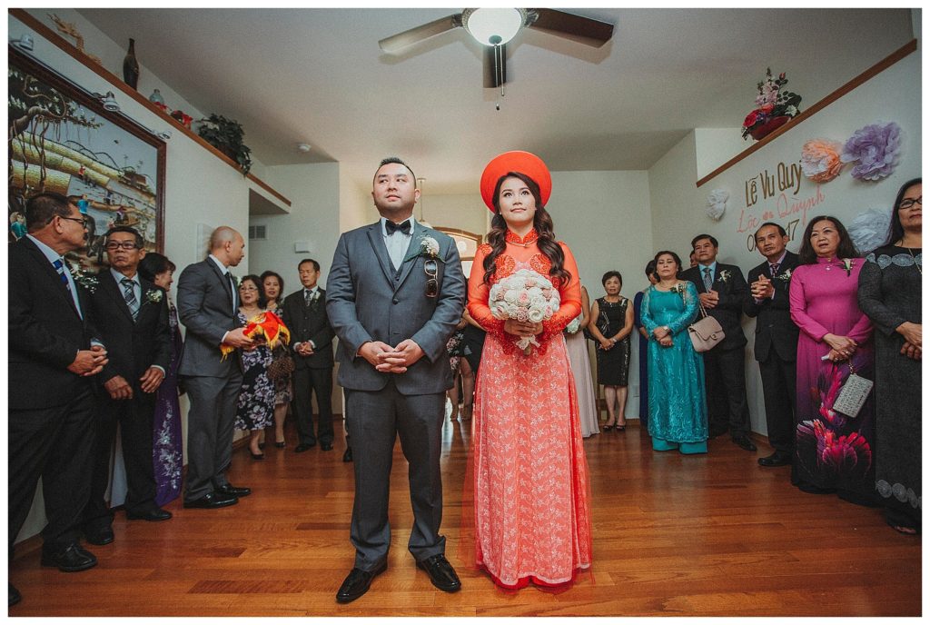 bride and groom at Vietnamese tea party