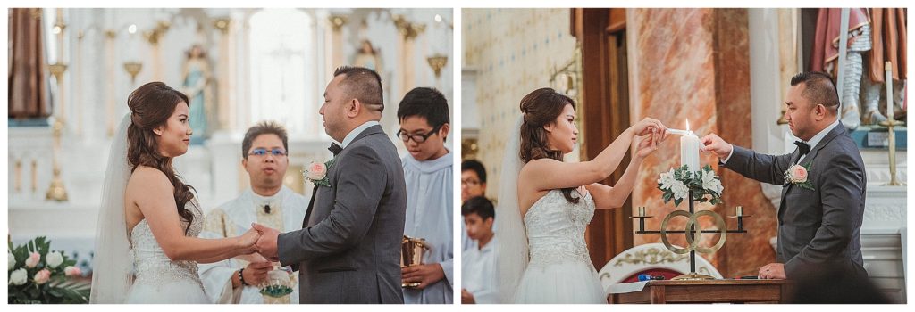 bride and groom during catholic ceremony