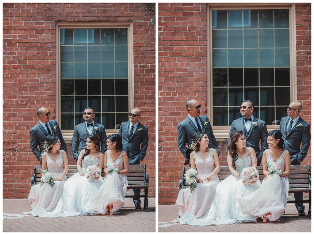 bridal party laughing down town