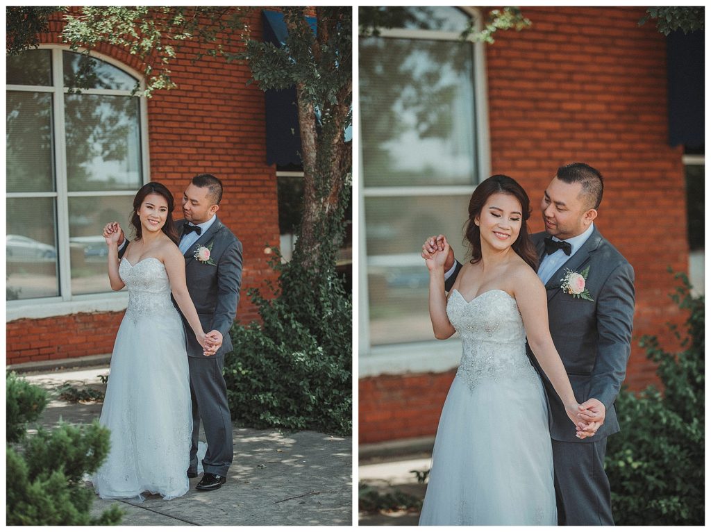 bride and groom posing and laughing
