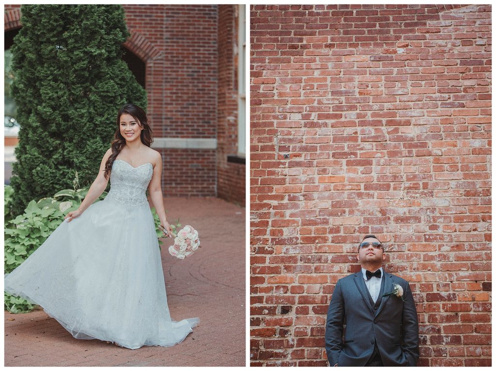 bride and groom posing down town