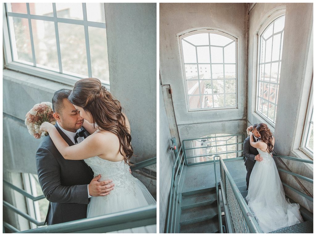 bride and groom posing in parking garage