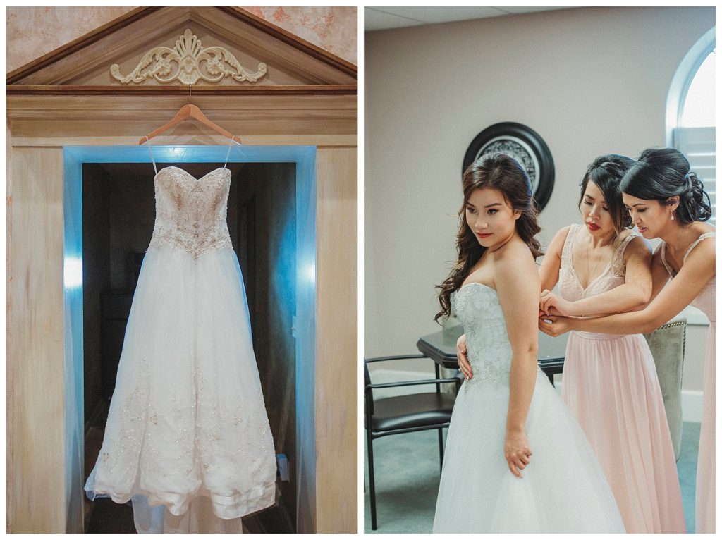 bride getting ready and her dress hanging