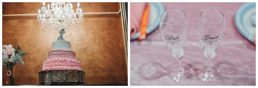 wedding cake and toasting glasses