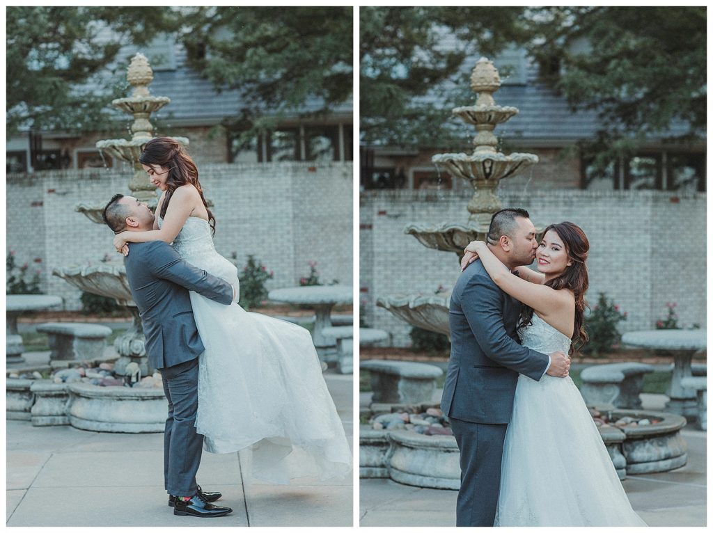 bride and groom in a courtyard
