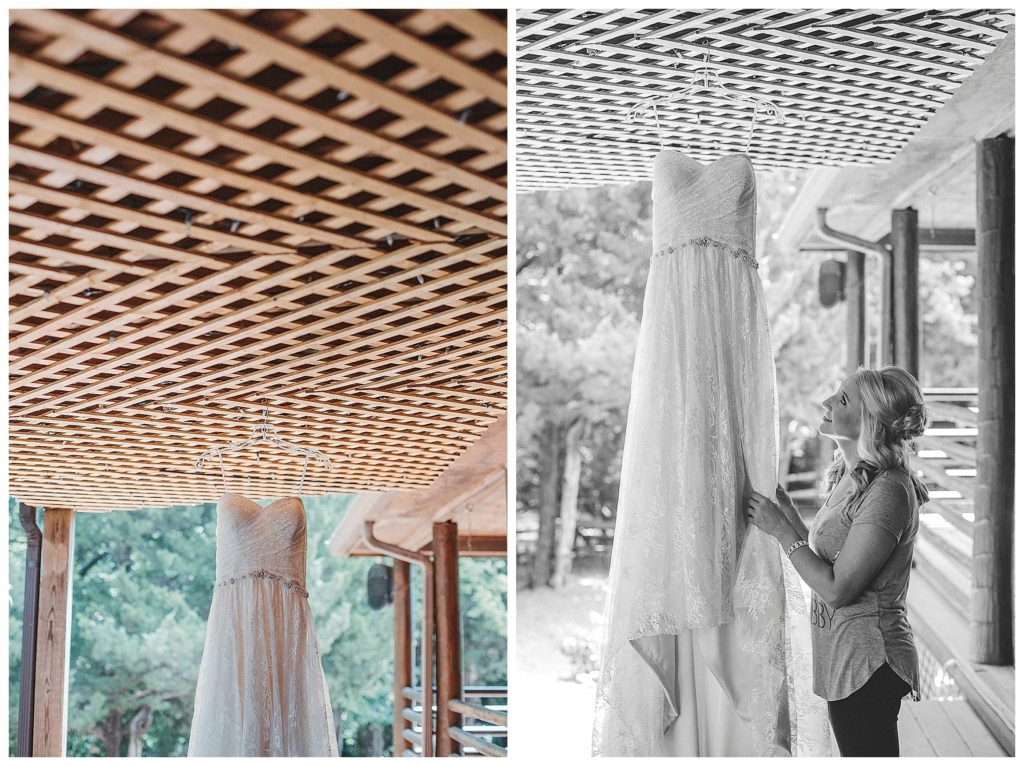 bridal gown hanging on latus