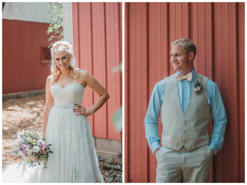 bride and groom near barn
