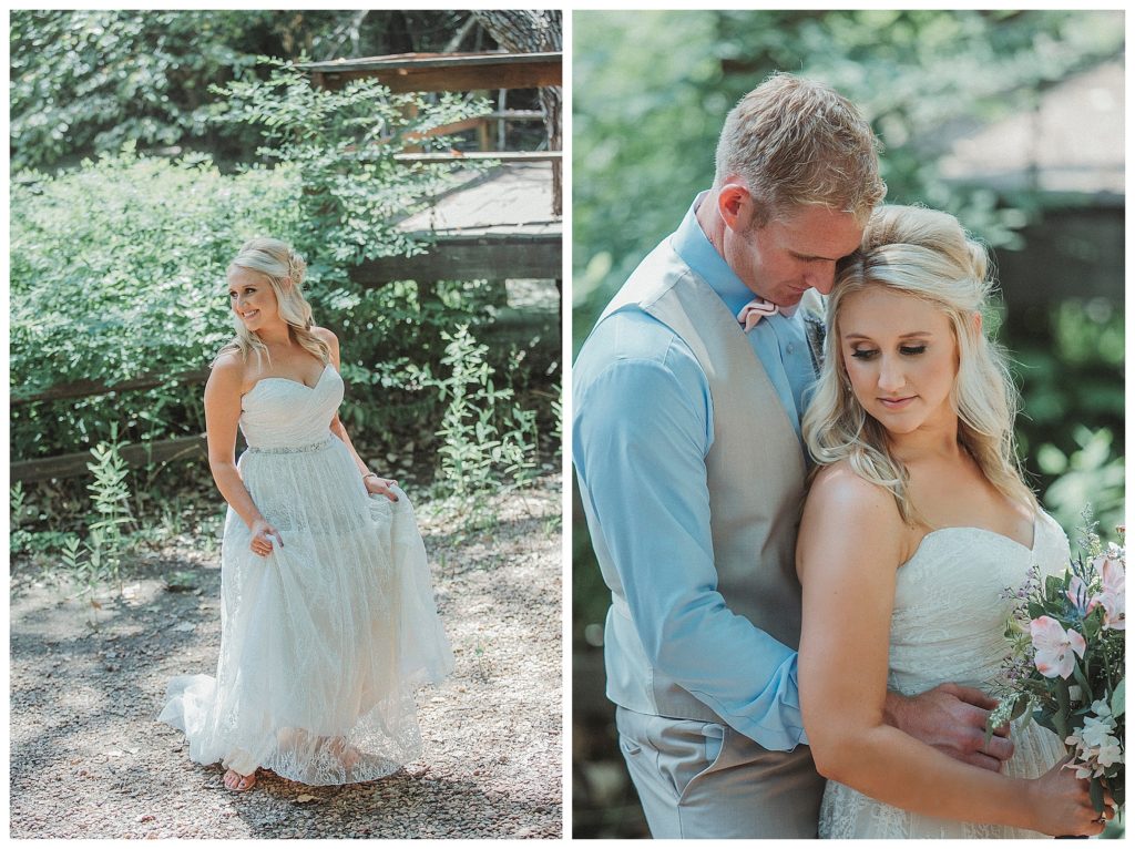 bride and groom snuggling outside