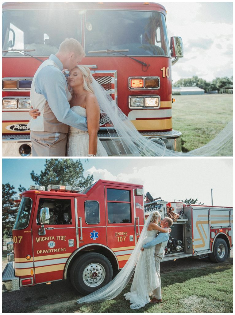 bride and groom in front of fire engine