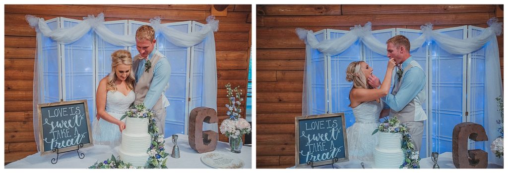 cutting the wedding cake at reception