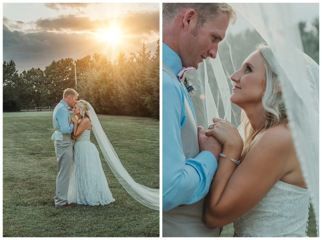 bride and groom at sunset