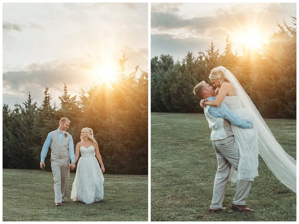bride and groom at sunset