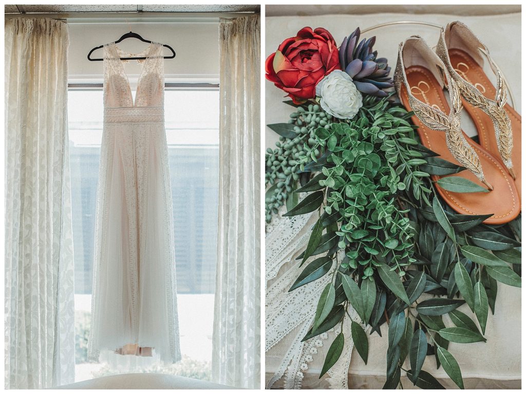 wedding dress hanging in window