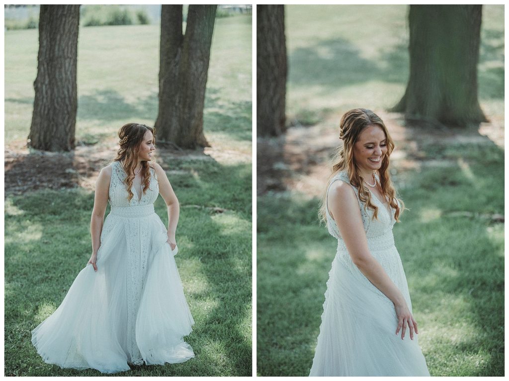bride swinging her dress back and forth