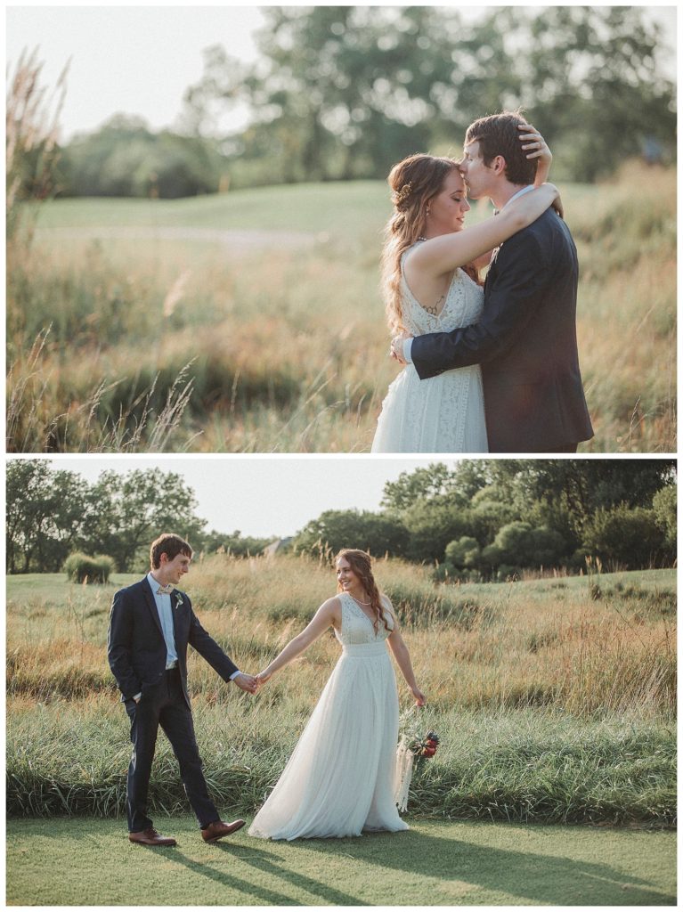 bride and groom holding hands in a field