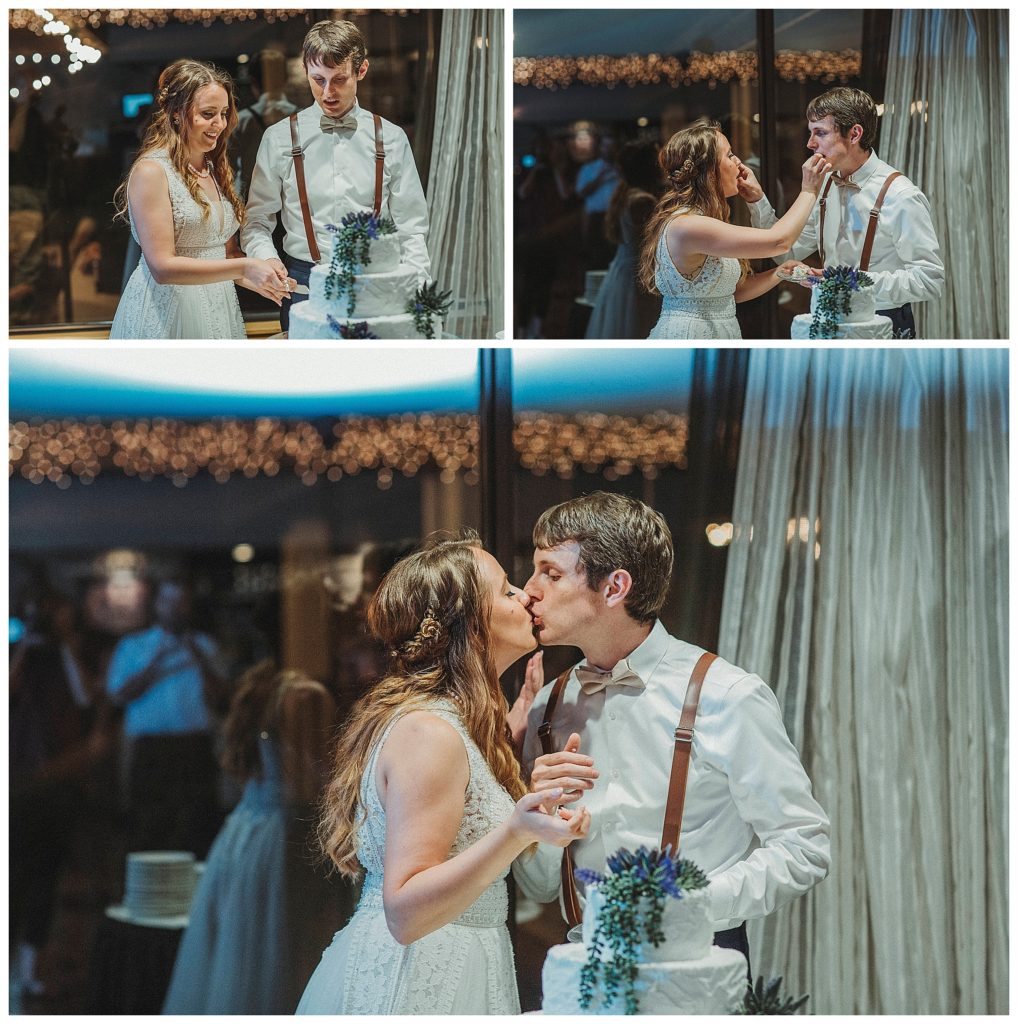 bride and groom feeding each other cake