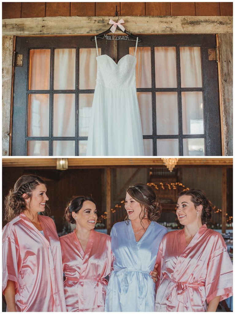 bridal gown hanging on door