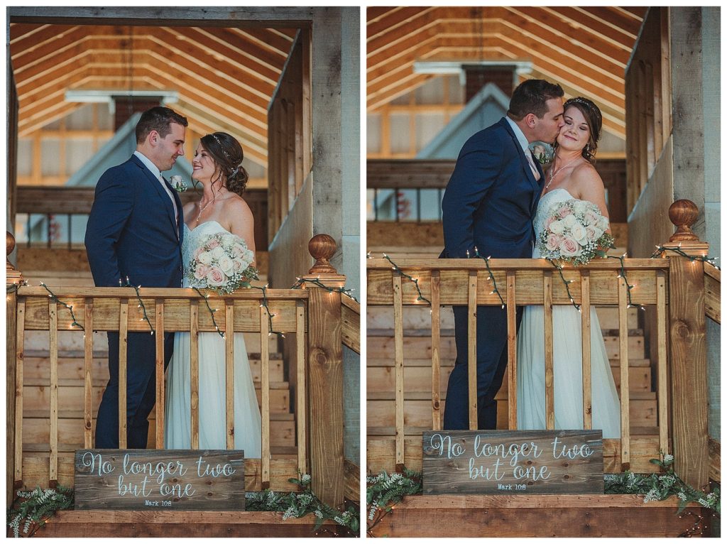 bride and groom in a barn