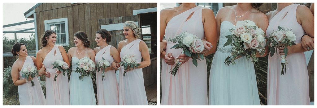 bridesmaids locking arms with the bride