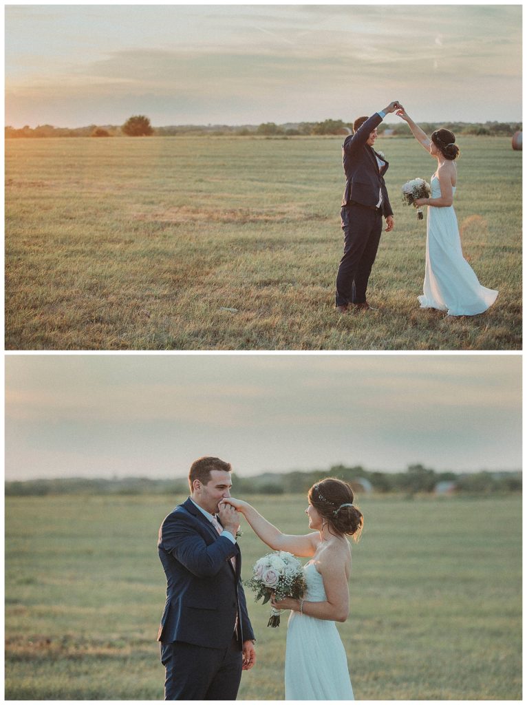 bride and groom dancing at sunset