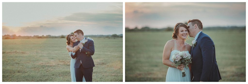 bride hugging her groom at sunset