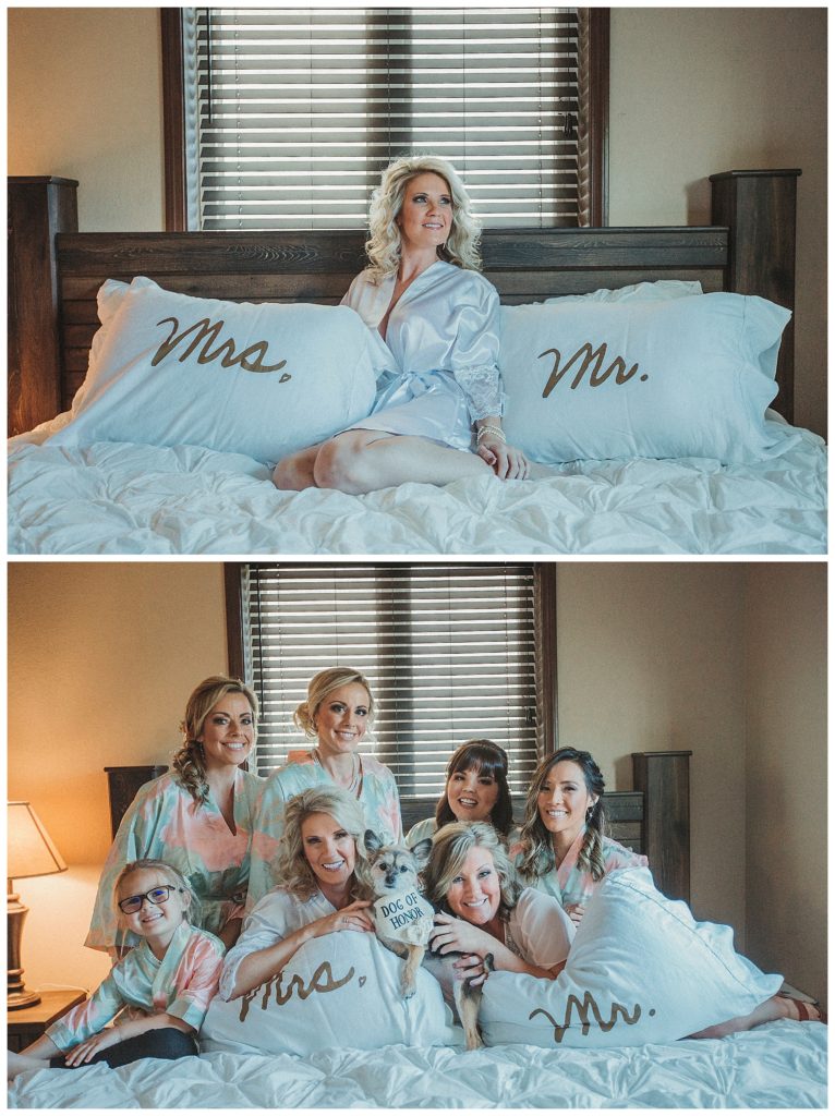 bride and her friends sitting on bed