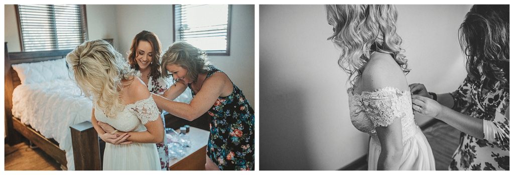 bride getting her dress buttoned