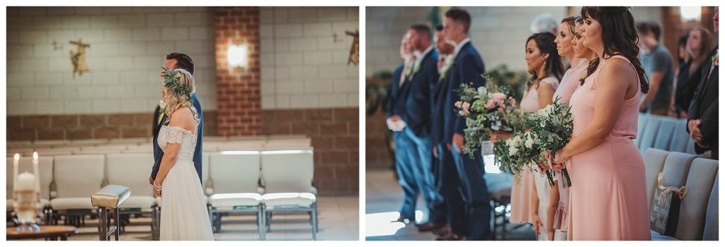 side view of bride and groom kneeling