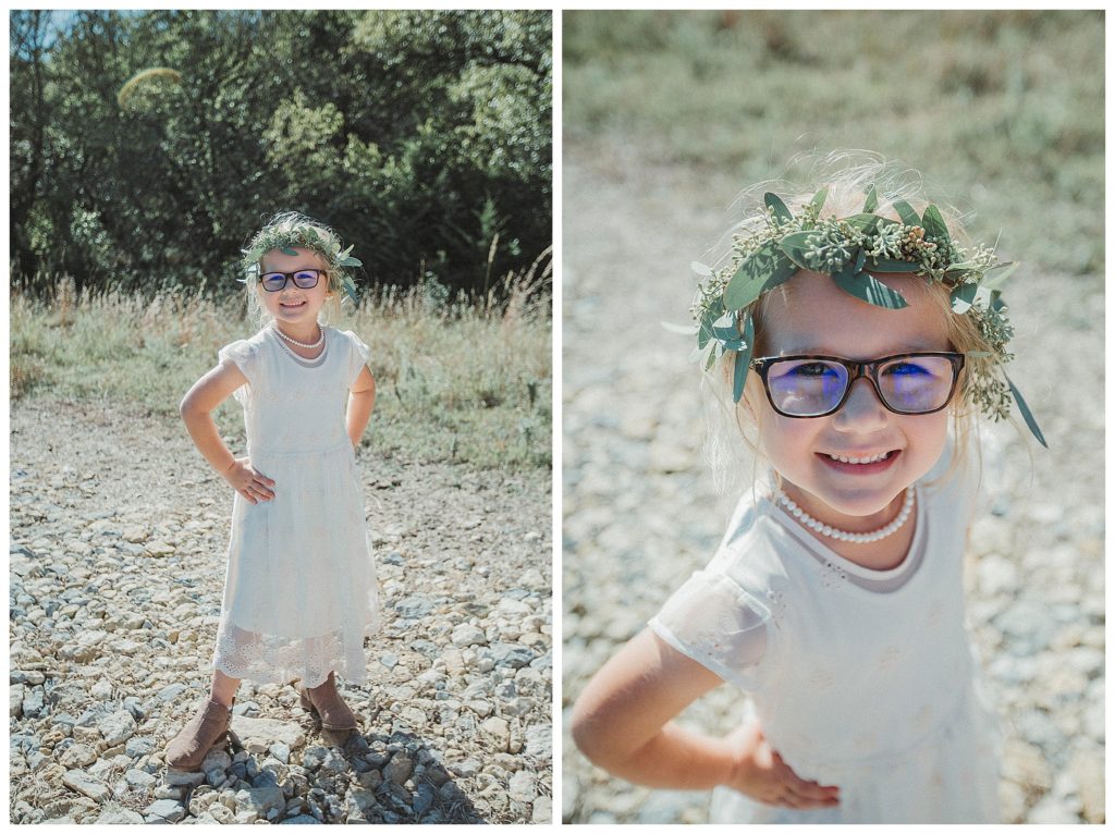 the flower girl posing on the farm
