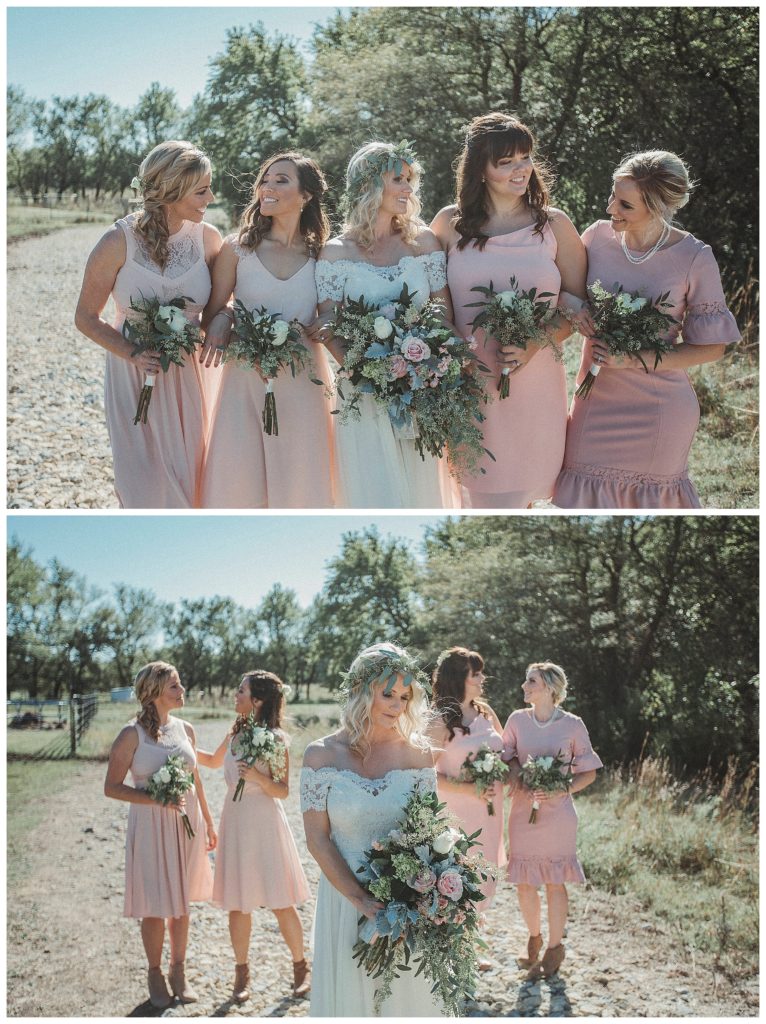 bride and her bridesmaids on the farm