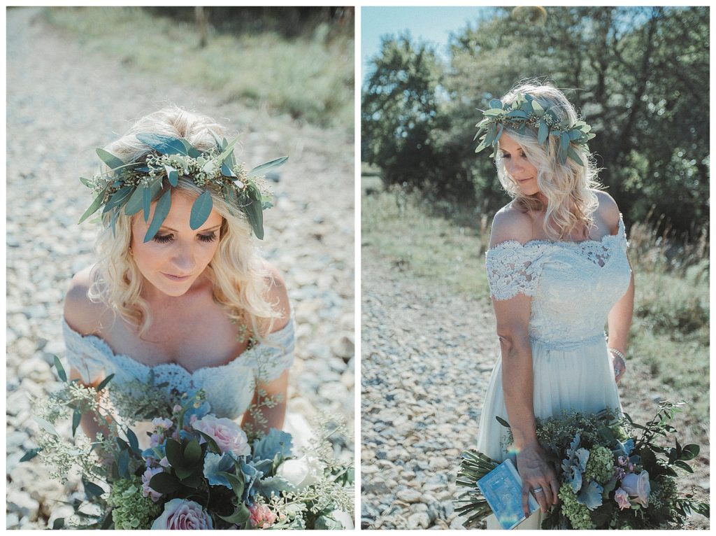bride looking at her flowers