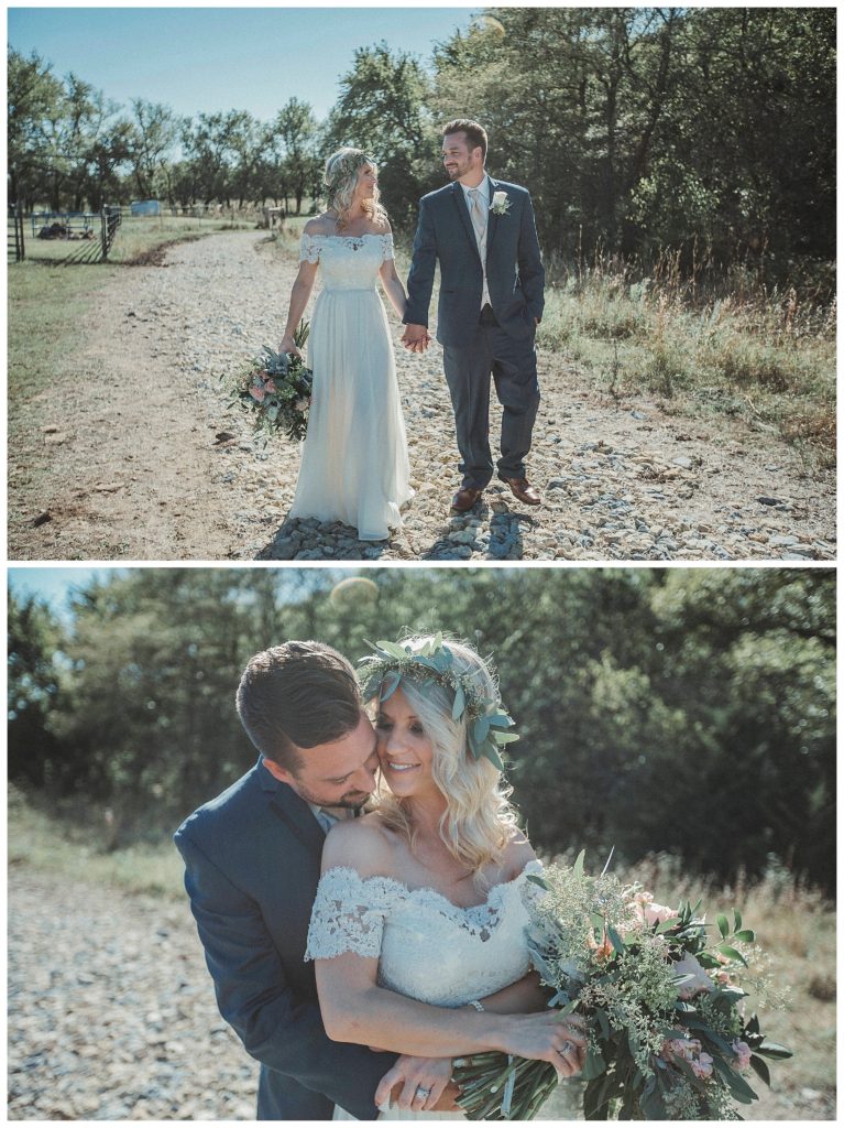 bride and groom walking down a path