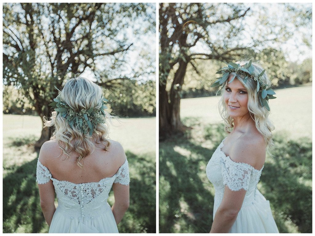 bride showing off her leaf halo