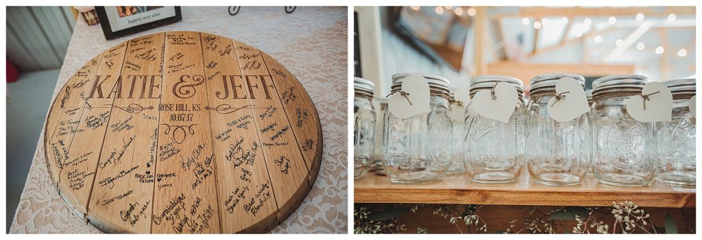 guest signing wooden plaque and glass drink jars