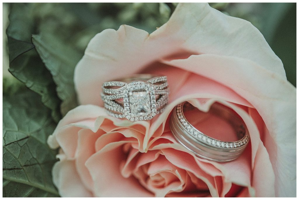 details of wedding rings on pink rose