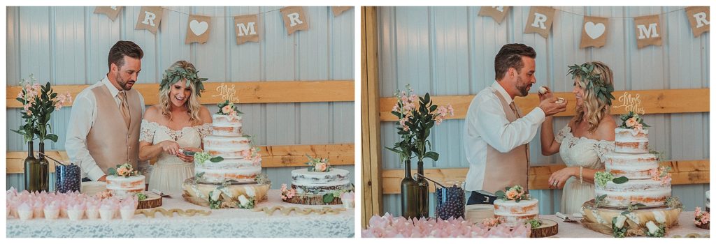 bride and groom cutting their naked cake