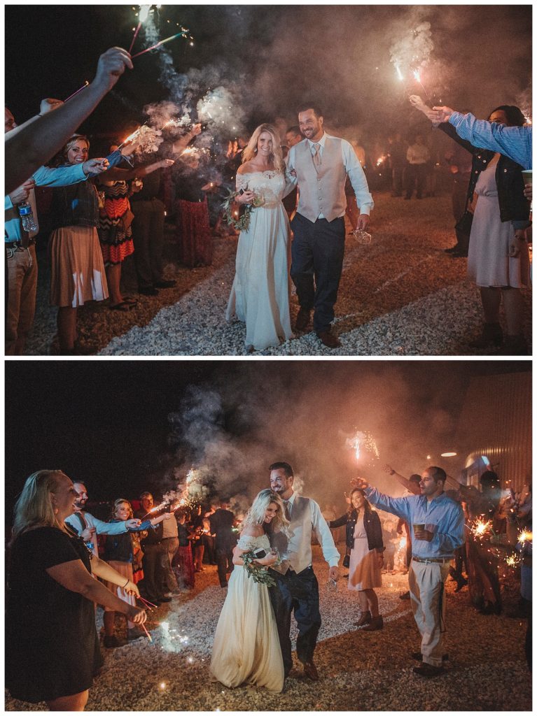 bride and groom exit with sparklers