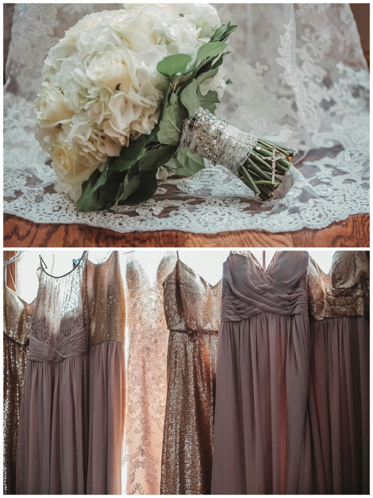 details of bridesmaids dresses and bouqet