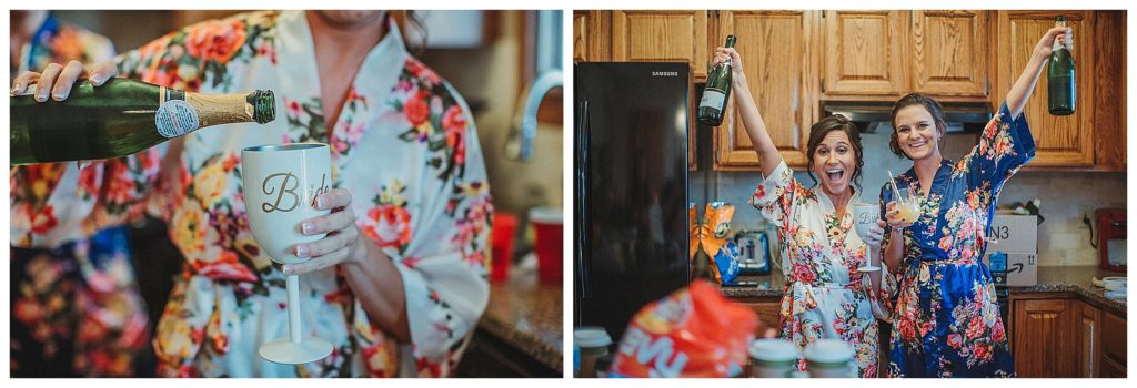 bride and her girls popping the champaign