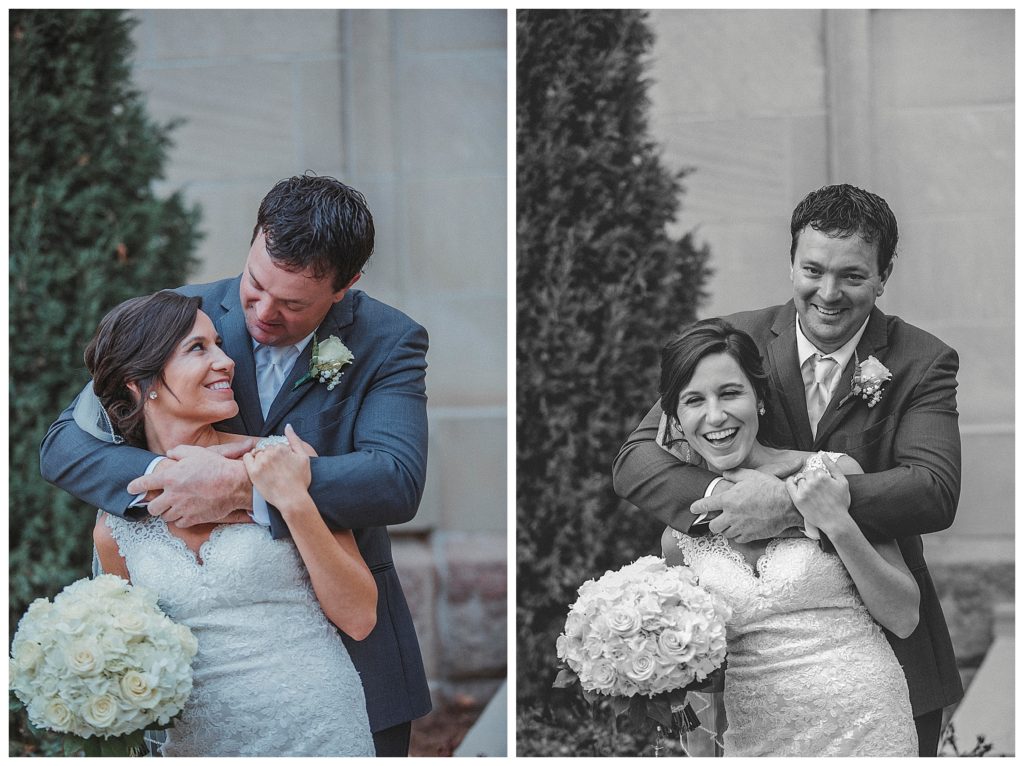 bride and groom laughing together
