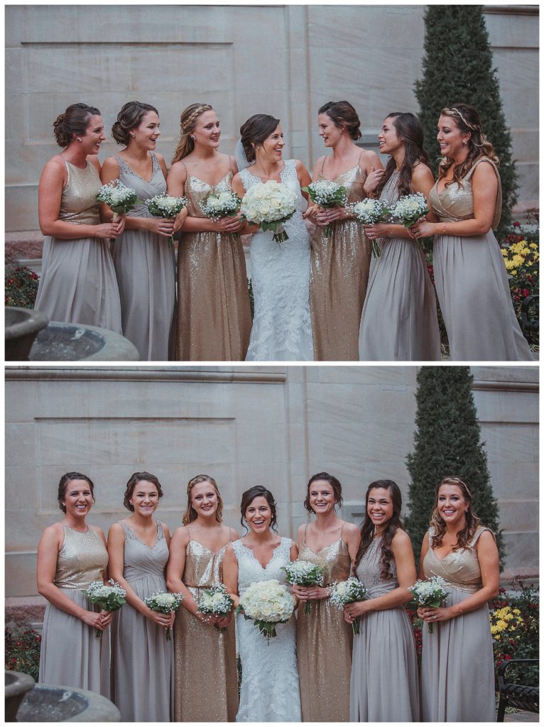 bride with her bridesmaids laughing
