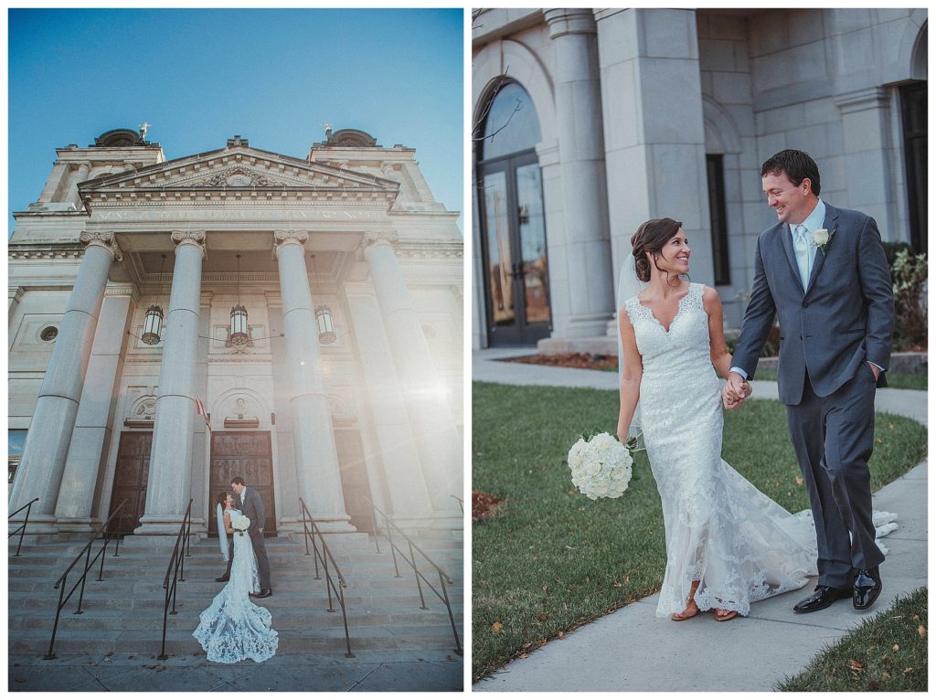 bride and groom in front of the church steps
