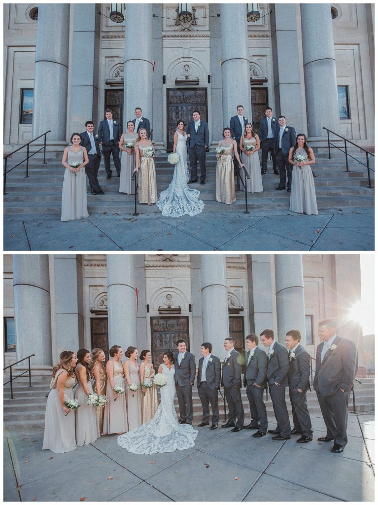 bridal party on the front steps of the church