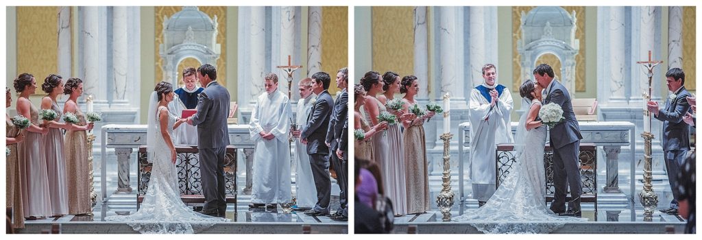 bride and groom's kiss at the alter