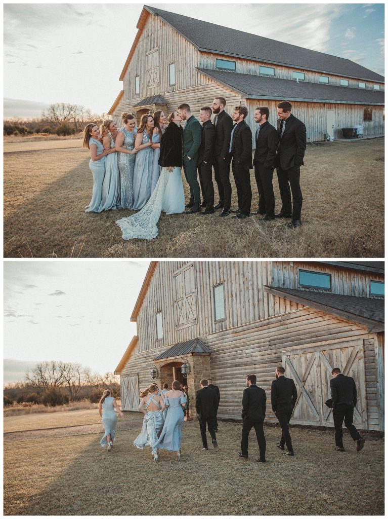 bridal party out front of barn