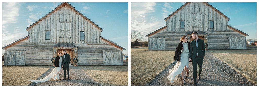 bride and groom walking in front of barn